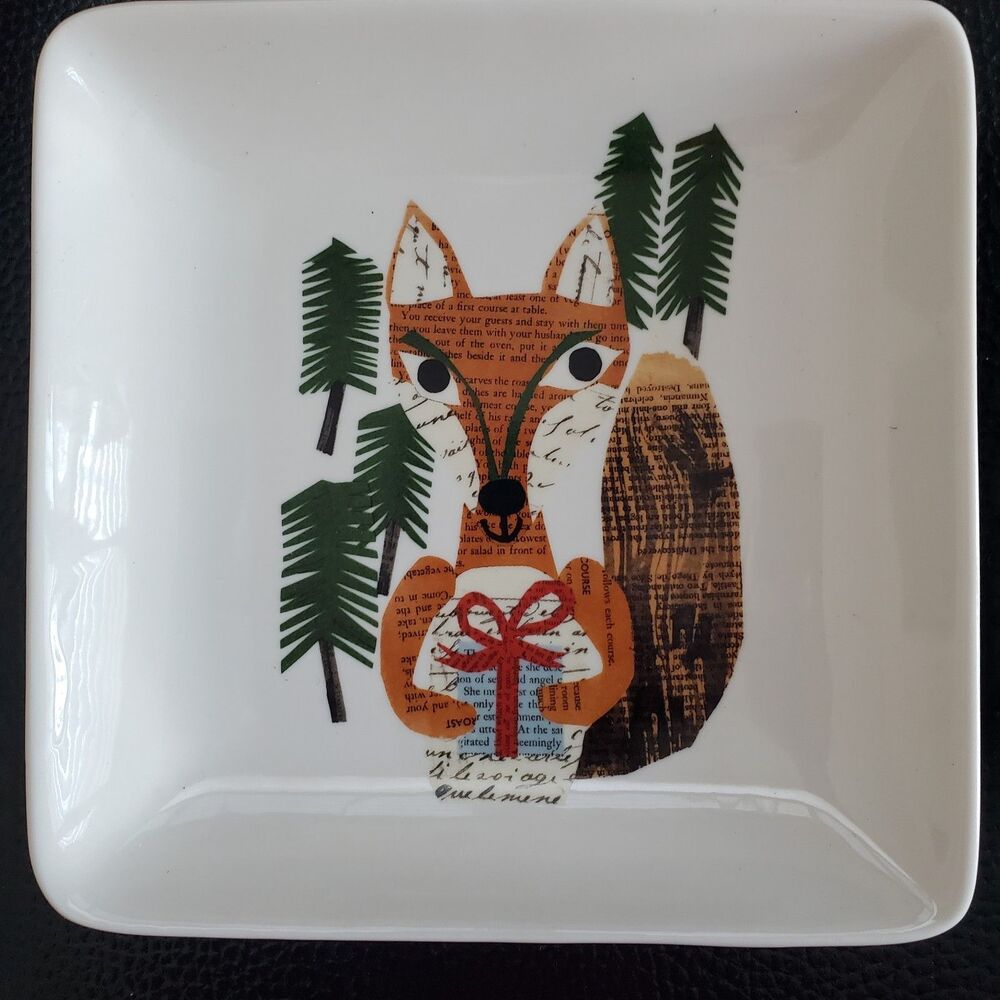 Pottery Barn Denise Fiedler Fox with Present Square Dish 5 1/2 Inches